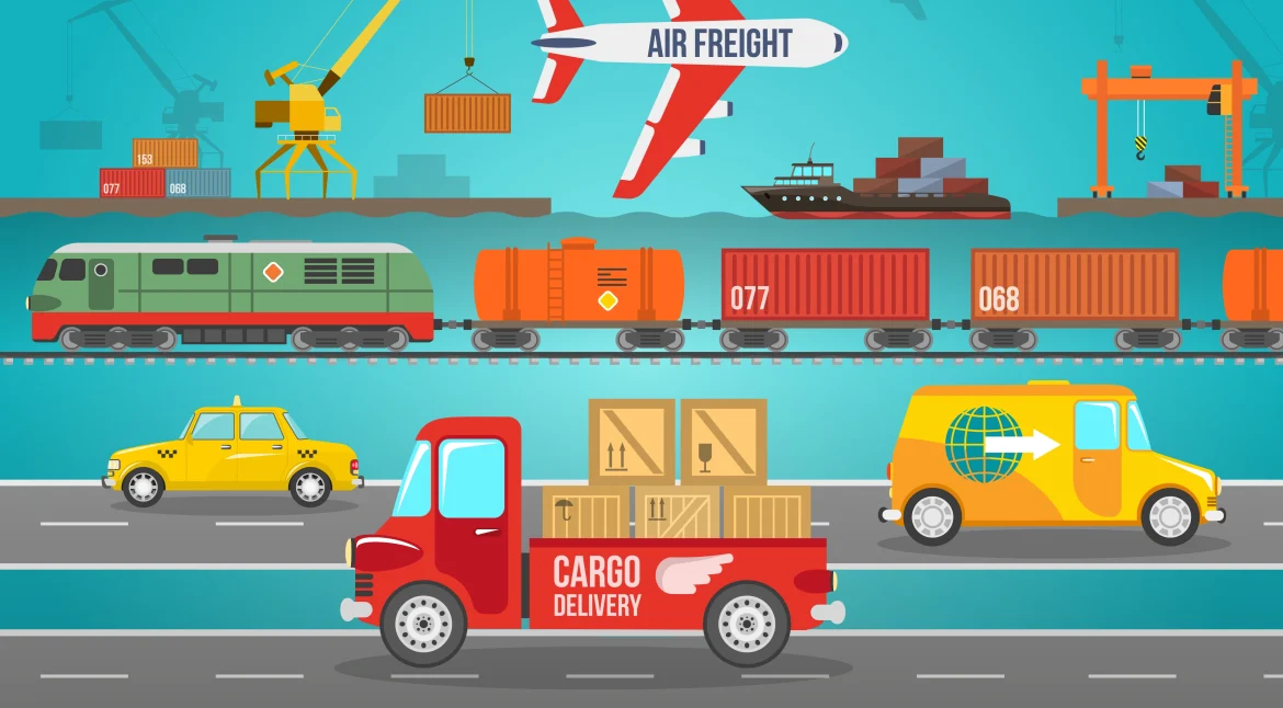 A convoy of commercial trucks traveling along a highway, representing the bustling activity and vital role of road freight transportation in the global supply chain.